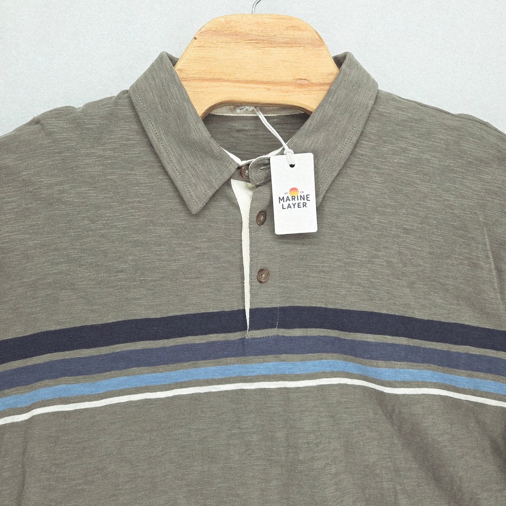 Marine Layer NEW Mens 2XL Heavy Slub Rugby Polo Green‎ Blue Stripe Long Sleeve